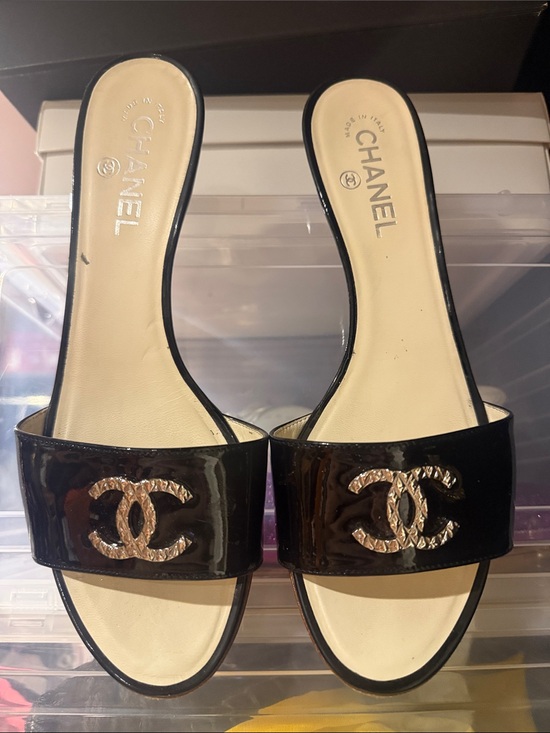 CHANEL Shoes - CHANEL Black Patent Leather Slide Mules with Silver CC Logo